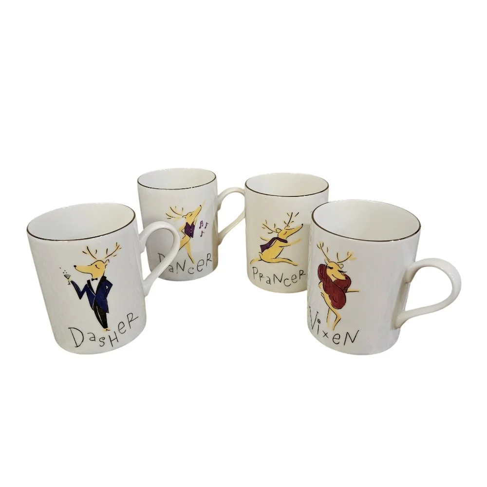 Pottery Barn Santa Reindeer Mugs, Set of 4, Dasher Dancer Prancer Vixen